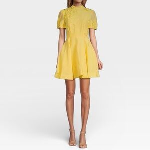 Antonio Melani SZ 14 Iris Linen Floral Appliqué Mockneck  Dress Sunshine Yellow